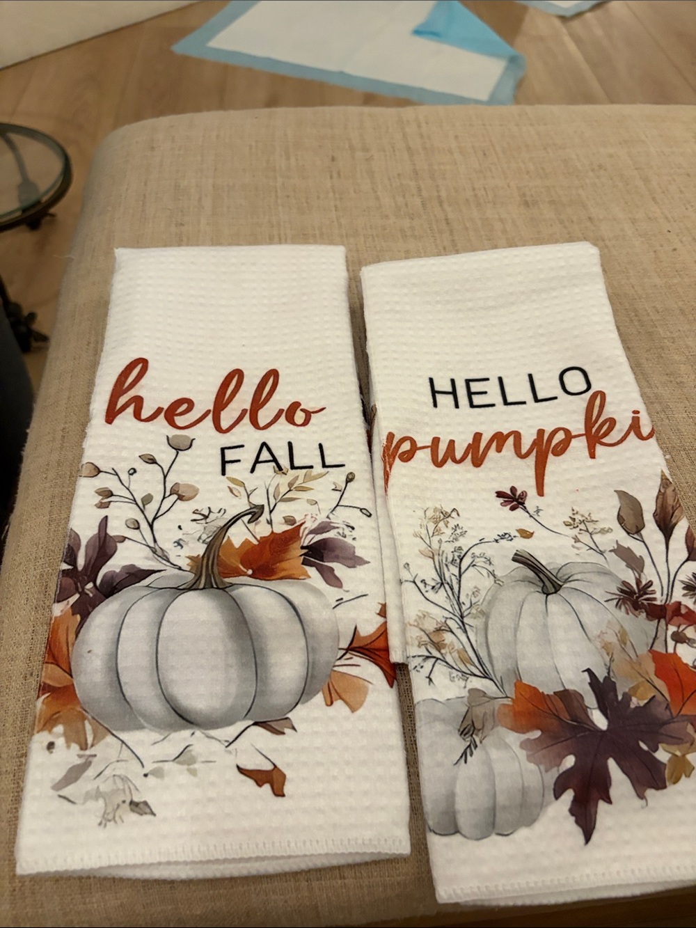 Hello Fall Pumpkin White Cotton Kitchen Towels - Set of 2